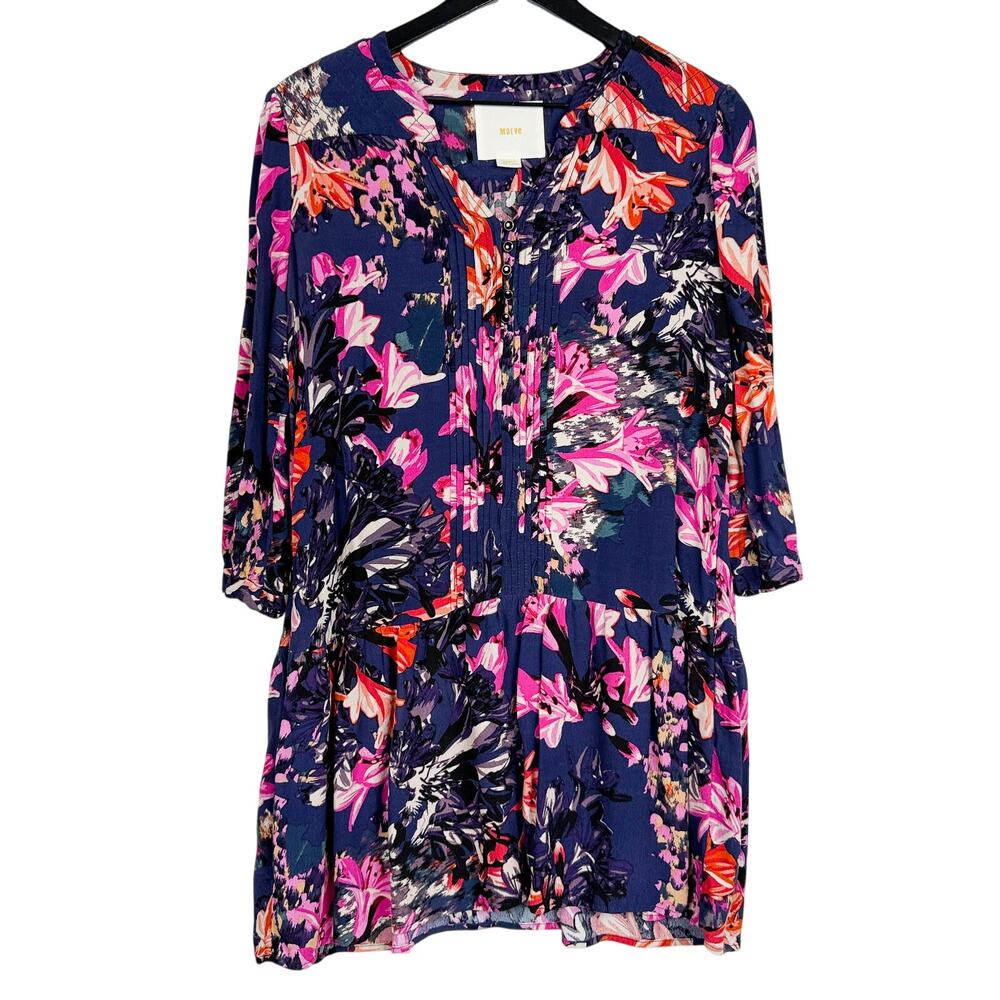 Anthropologie Maeve Caravane Floral Pintuck Tunic Mini Dress Blue Pink - S